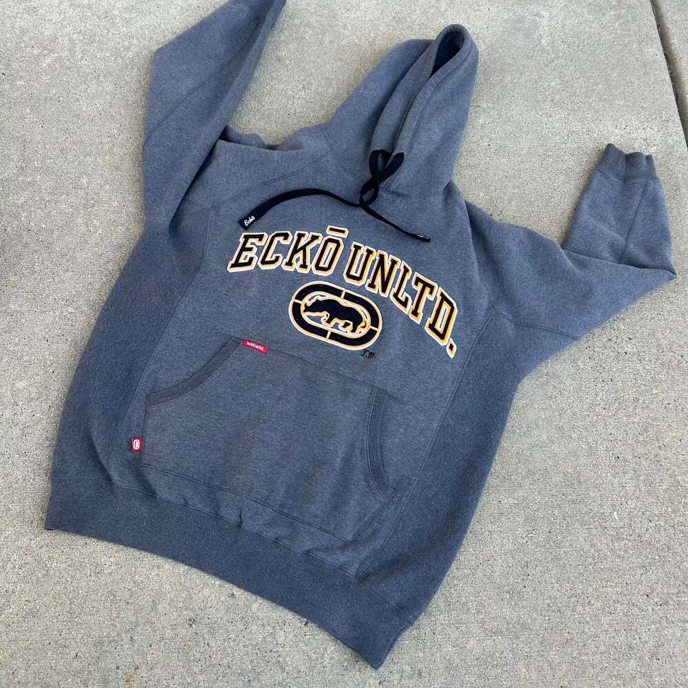 Vintage Ecko Hoodie Sweatshirt Men M Gray Yellow Embroidered Hooded Rhino